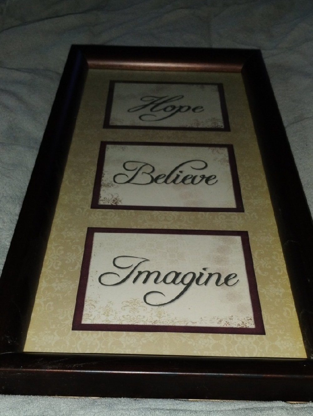 Framed Wall Art - "Hope, Believe, Imagine" - Brown Frame